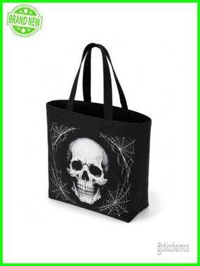 Skull Canvas Tote Bag 14 Inch Halloween Trick or Treat Reusable Foldable